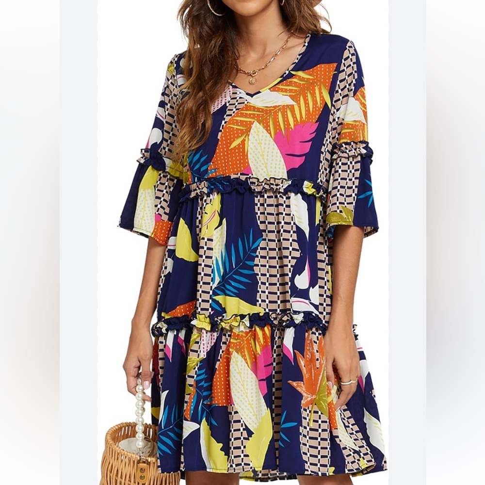 Funlingo Women's Flowy Pleated Mini
Dress with V Neck and Short Sleeves XL